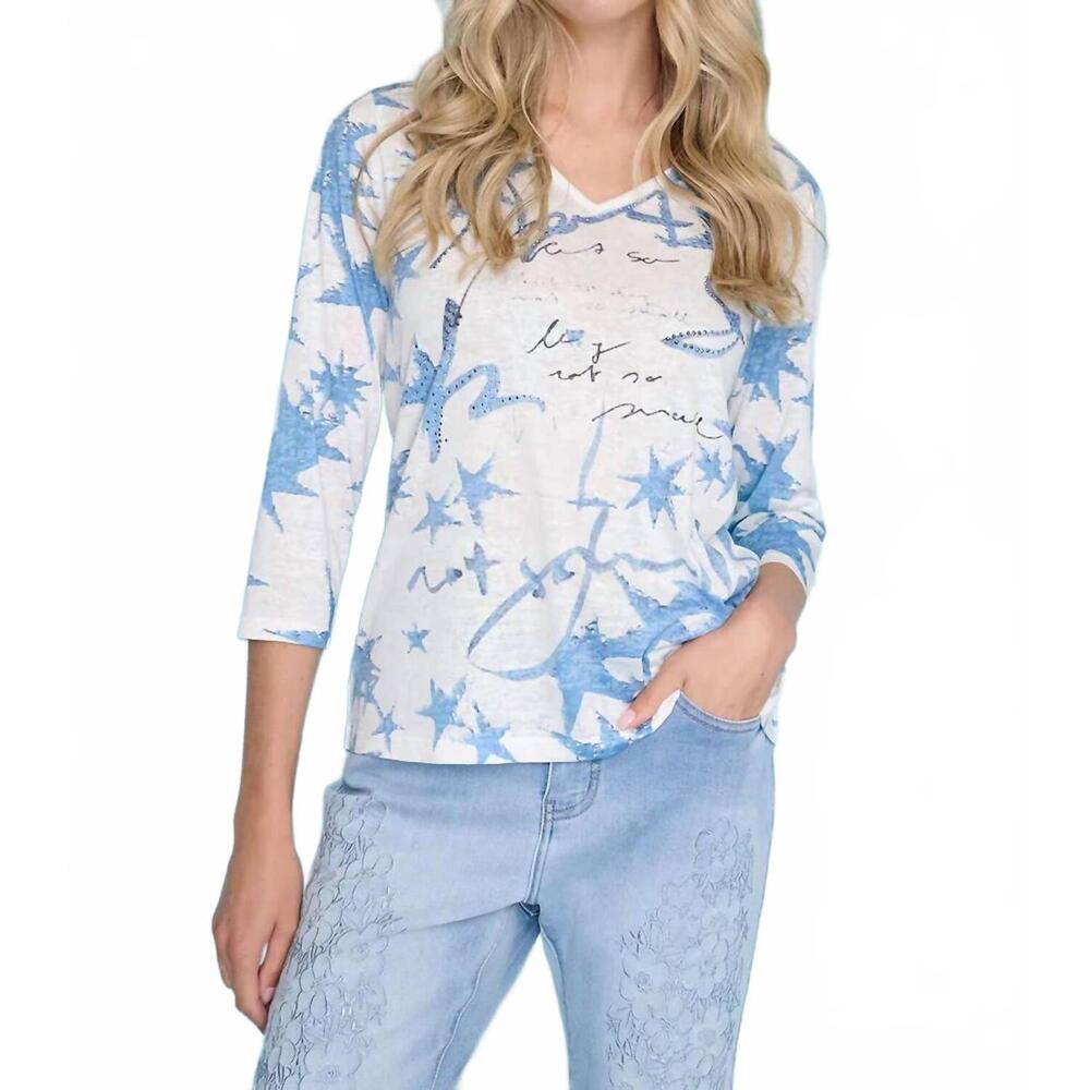 NEW PICADILLY v-neck star printed blouse in blue/white